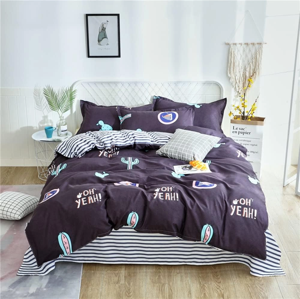 100% Washed Microfiber 4-Piece Comforter Set, Printed Fabric is Soft and Breathable, with Zipper Closure and Edge Ties (Black Stripes, King) 86'' x 94''