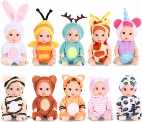 10 Pcs 4 Inch Mini Baby Dolls Playset Lifelike Realistic Baby Dolls with Handmade Animal Clothes Cute Small Baby Doll Gifts Set for Toddlers Girls Kids 3 