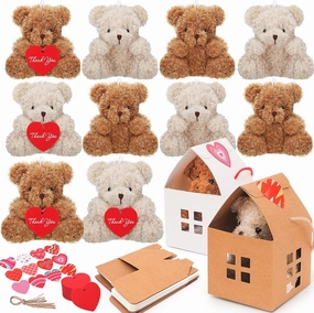 10 Pcs Mini Bears Plush Stuffed Small Fuzzy Bulk Animal Doll, Curly Teddy Bear Party Favors Valentine's Day Gift Toys with Paper Houses for Kids' Birthday Party Supplies(Brown, Apricot)