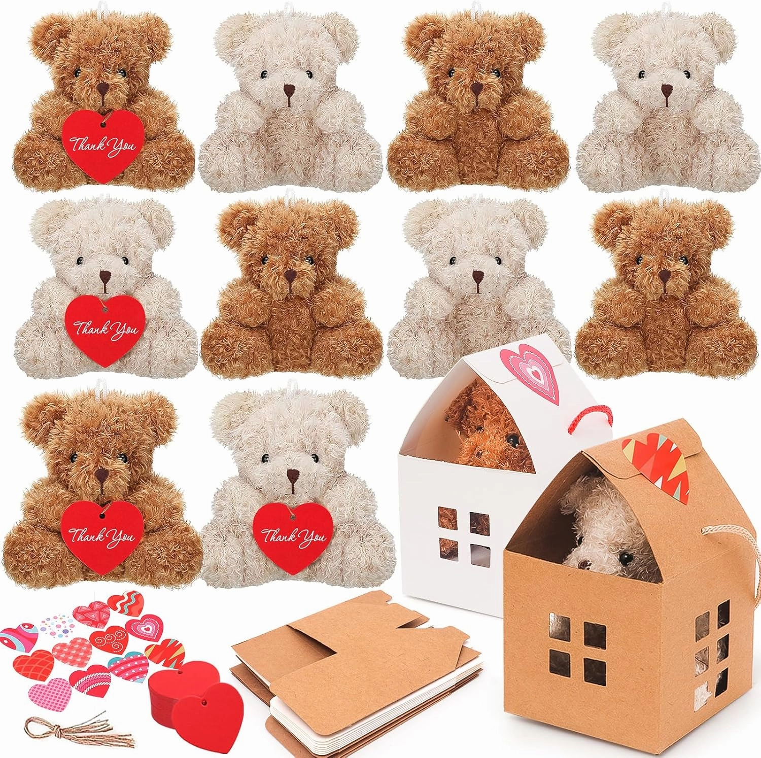 10 Pcs Mini Bears Plush Stuffed Small Fuzzy Bulk Animal Doll, Curly Teddy Bear Party Favors Valentine's Day Gift Toys with Paper Houses for Kids' Birthday Party Supplies(Brown, Apricot)