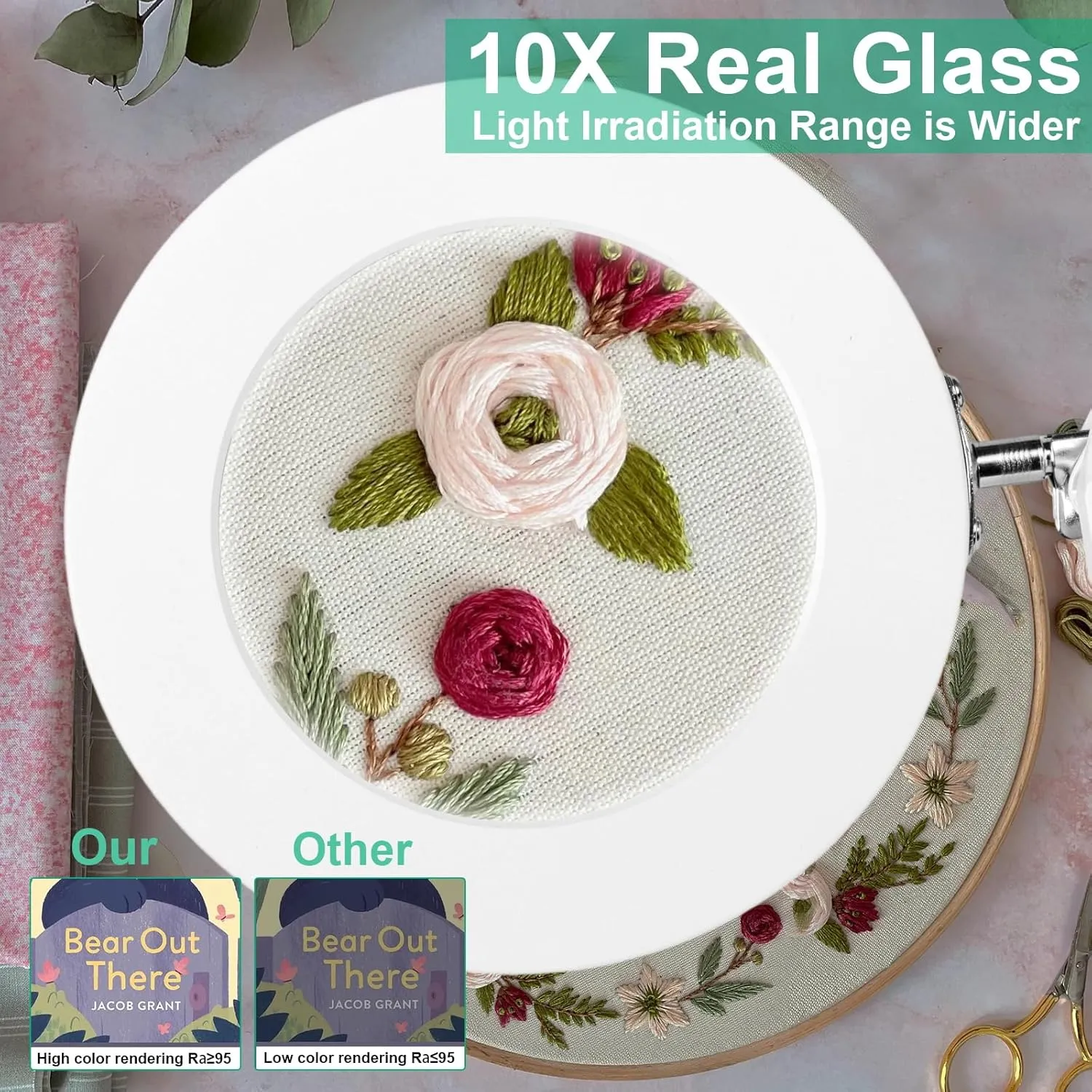 10X Magnifying Glass with Light and Stand, 2-in-1 LED Magnifying Lamp, 3 Color Stepless Dimming Magnifier with Light, Real Optical Glass Magnifier Lamp for Crafts Repair Close Work- White
