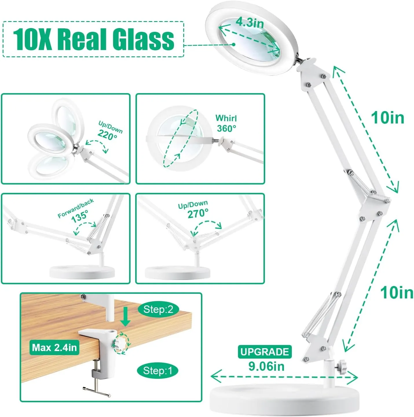 10X Magnifying Glass with Light and Stand, 2-in-1 LED Magnifying Lamp, 3 Color Stepless Dimming Magnifier with Light, Real Optical Glass Magnifier Lamp for Crafts Repair Close Work- White