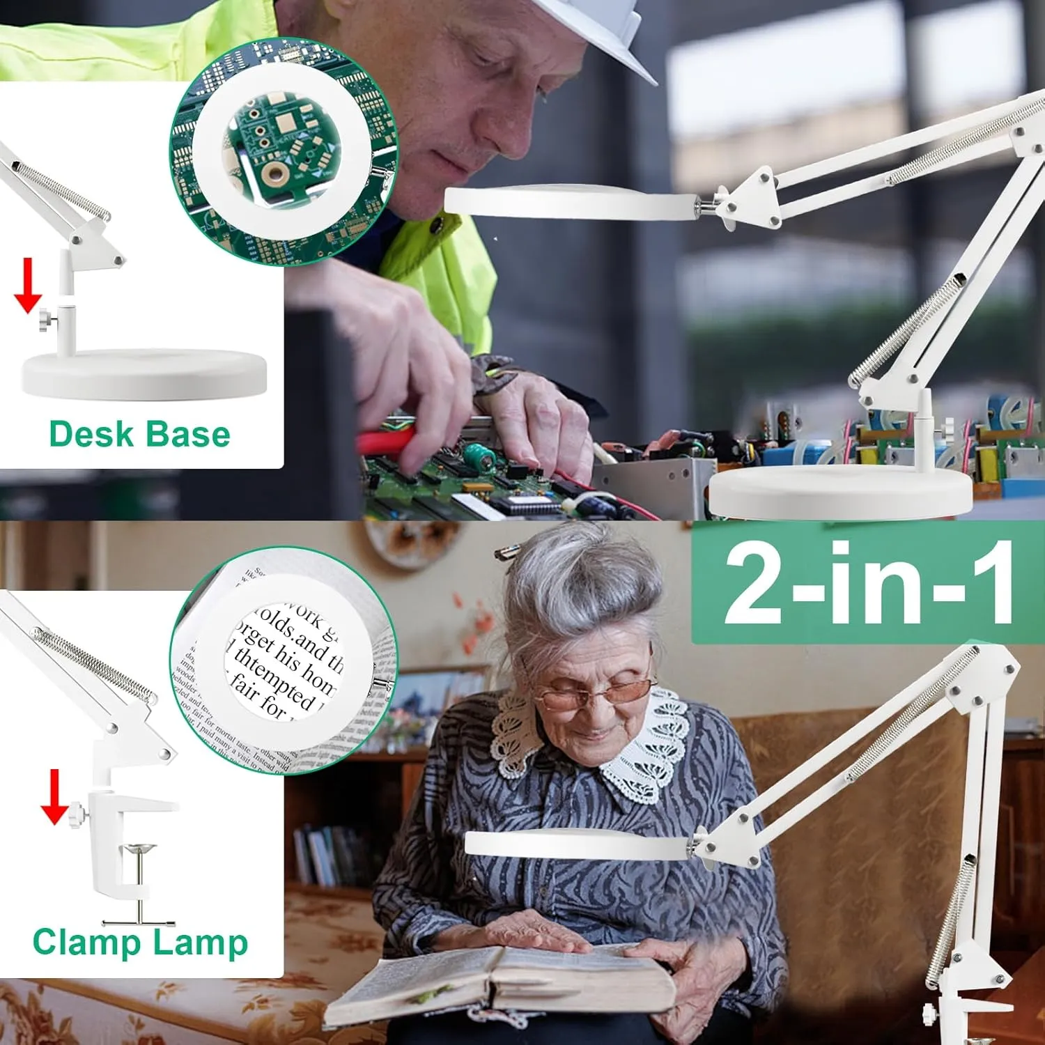 10X Magnifying Glass with Light and Stand, 2-in-1 LED Magnifying Lamp, 3 Color Stepless Dimming Magnifier with Light, Real Optical Glass Magnifier Lamp for Crafts Repair Close Work- White