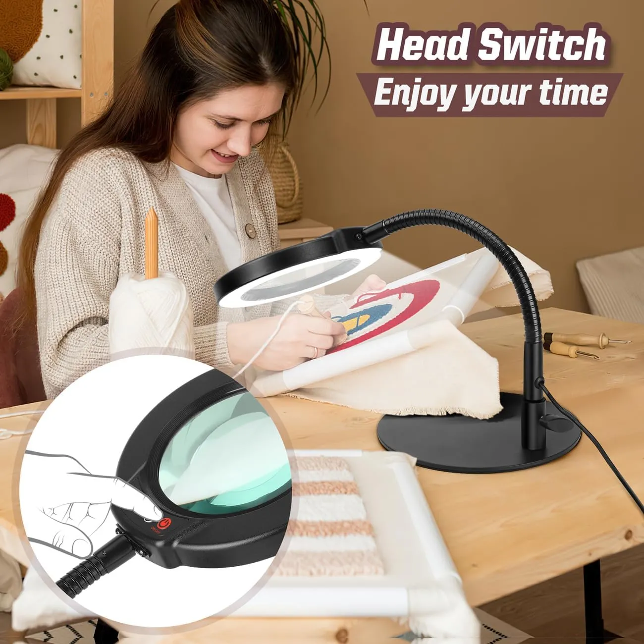 10X Magnifying Glass with Light and Stand, 5 Color Modes Stepless Dimmable LED Lighted Desk Lamp, Hands Free Flexible Gooseneck Magnifier with Light for Craft Hobby Painting Sewing Close Work