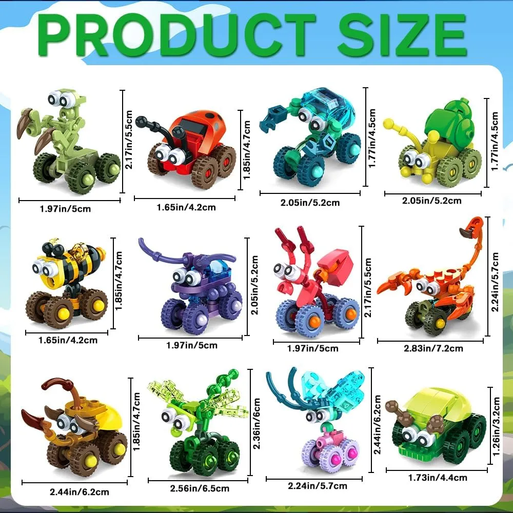 12 Pack Easter Building Blocks Toys Egg Fillers Mini Insect-Cars Building Bricks Set Easter Party Favor Basket Stuffers for Kids Adults Eggs Hunt Supplies Holiday Classroom Prize Gifts