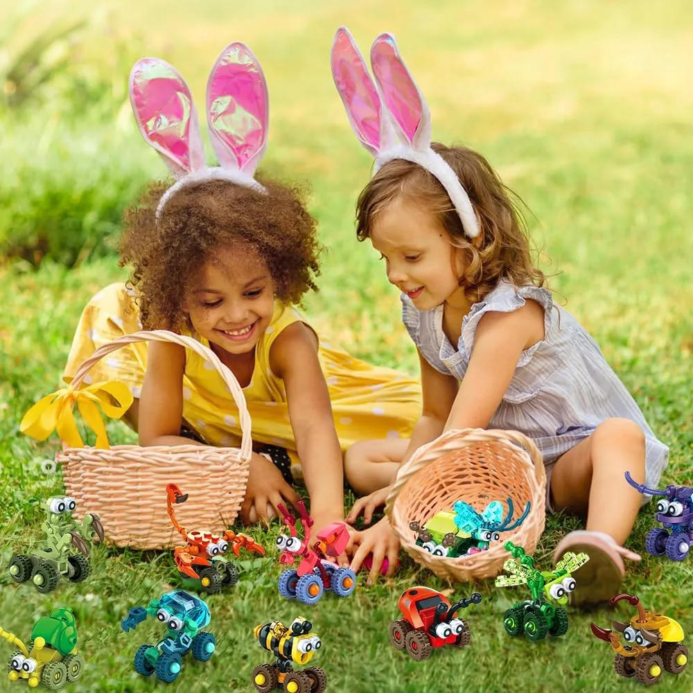 12 Pack Easter Building Blocks Toys Egg Fillers Mini Insect-Cars Building Bricks Set Easter Party Favor Basket Stuffers for Kids Adults Eggs Hunt Supplies Holiday Classroom Prize Gifts