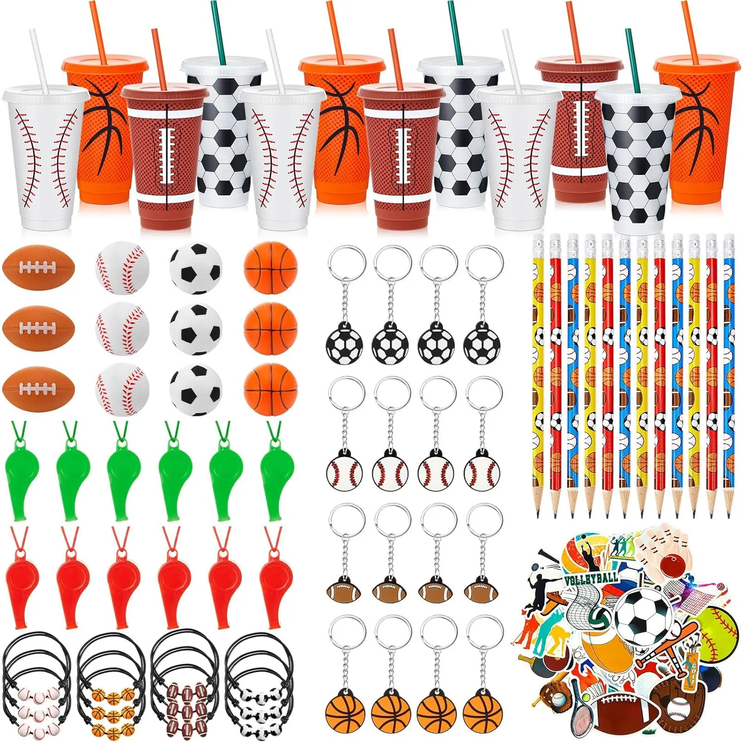 122 Pcs Sport Party Favors Football Basketball Soccer Baseball Goodie Bags Include Cups with Straw Mini Stress Ball Keychains Bracelets Whistles Stickers Pencils for Party Birthday Supplies