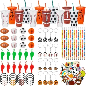 122 Pcs Sport Party Favors Football Basketball Soccer Baseball Goodie Bags Include Cups with Straw Mini Stress Ball Keychains Bracelets Whistles Stickers Pencils for Party Birthday Supplies