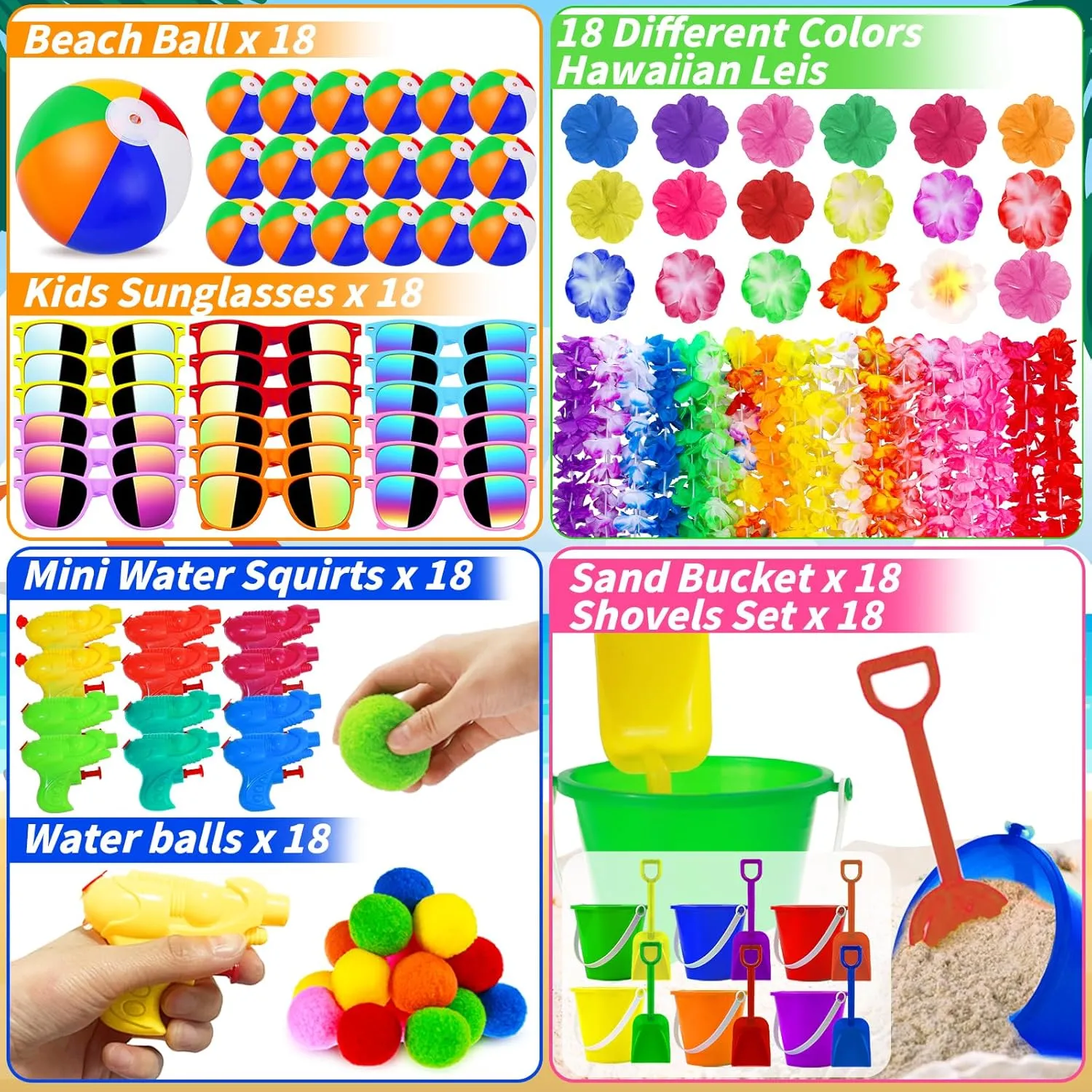 126 Pcs Kids Summer Beach Party Favor Bulk-Includes 18 Inflatable Beach Balls, 36 Sand Bucket&Shovel Set, 18 Neon Sunglass, 18 Water Guns,18 Water Balls,18 Hawaiian Leis for Luau Party Decor
