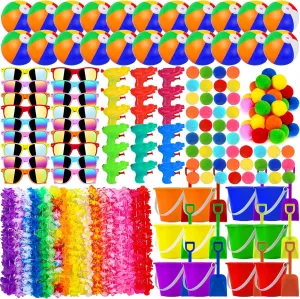126 Pcs Kids Summer Beach Party Favor Bulk-Includes 18 Inflatable Beach Balls, 36 Sand Bucket&Shovel Set, 18 Neon Sunglass, 18 Water Guns,18 Water Balls,18 Hawaiian Leis for Luau Party Decor