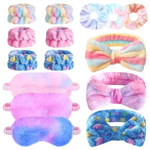 15 Pcs Sleepover Party Favors for Teenager Girl, Spa Headband Wrist Towels for Washing Face, Plush Bow Makeup Headbands Wristband Sleep Eye Mask Tie Dye Scrunchies for Single Women Spa Pajama Party