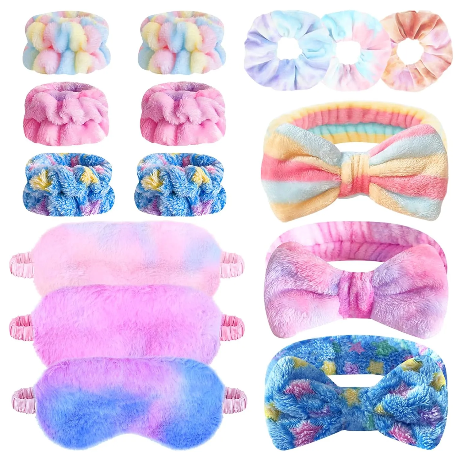 15 Pcs Sleepover Party Favors for Teenager Girl, Spa Headband Wrist Towels for Washing Face, Plush Bow Makeup Headbands Wristband Sleep Eye Mask Tie Dye Scrunchies for Single Women Spa Pajama Party