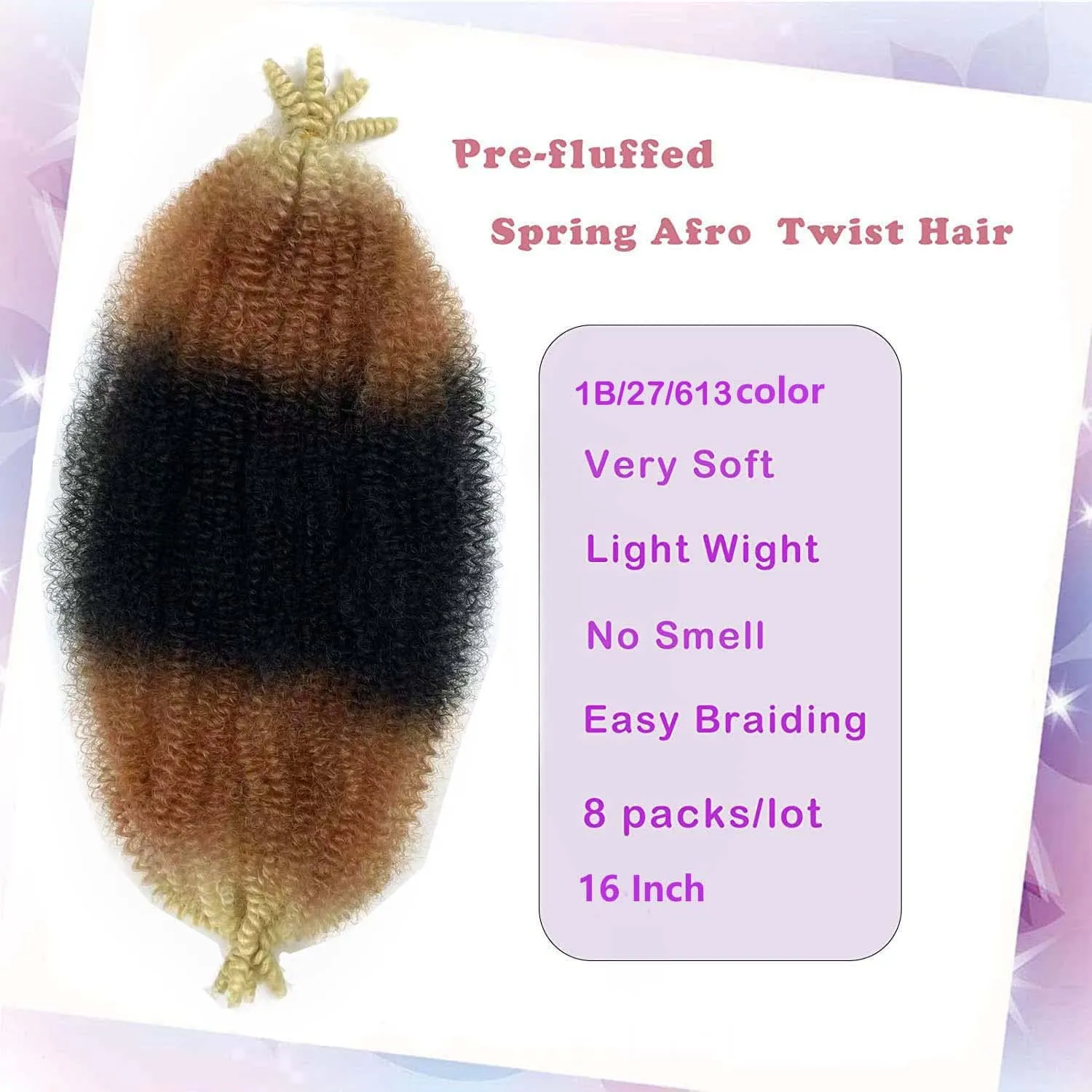 16 Inch Springy Afro Twist Hair Ombre Marley Twist Braiding Hair 8 Packs Pre-Separated Spring Twist Hair for Soft Butterfly Locs Crochet Hair 3 Tones Kinky Afro Twist Hair for Black Women(1B/27/613)