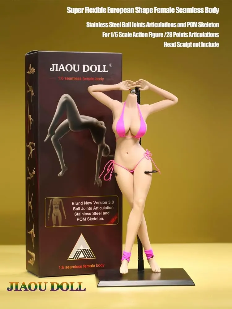 1/6 Scale Female Body, 12inch Super Flexible European Body Type Action Figure JIAOUDOLL Seamless Large Bust Figure Body Doll No Head (Suntan Skin, JOQ-10E-Detachable Feet)