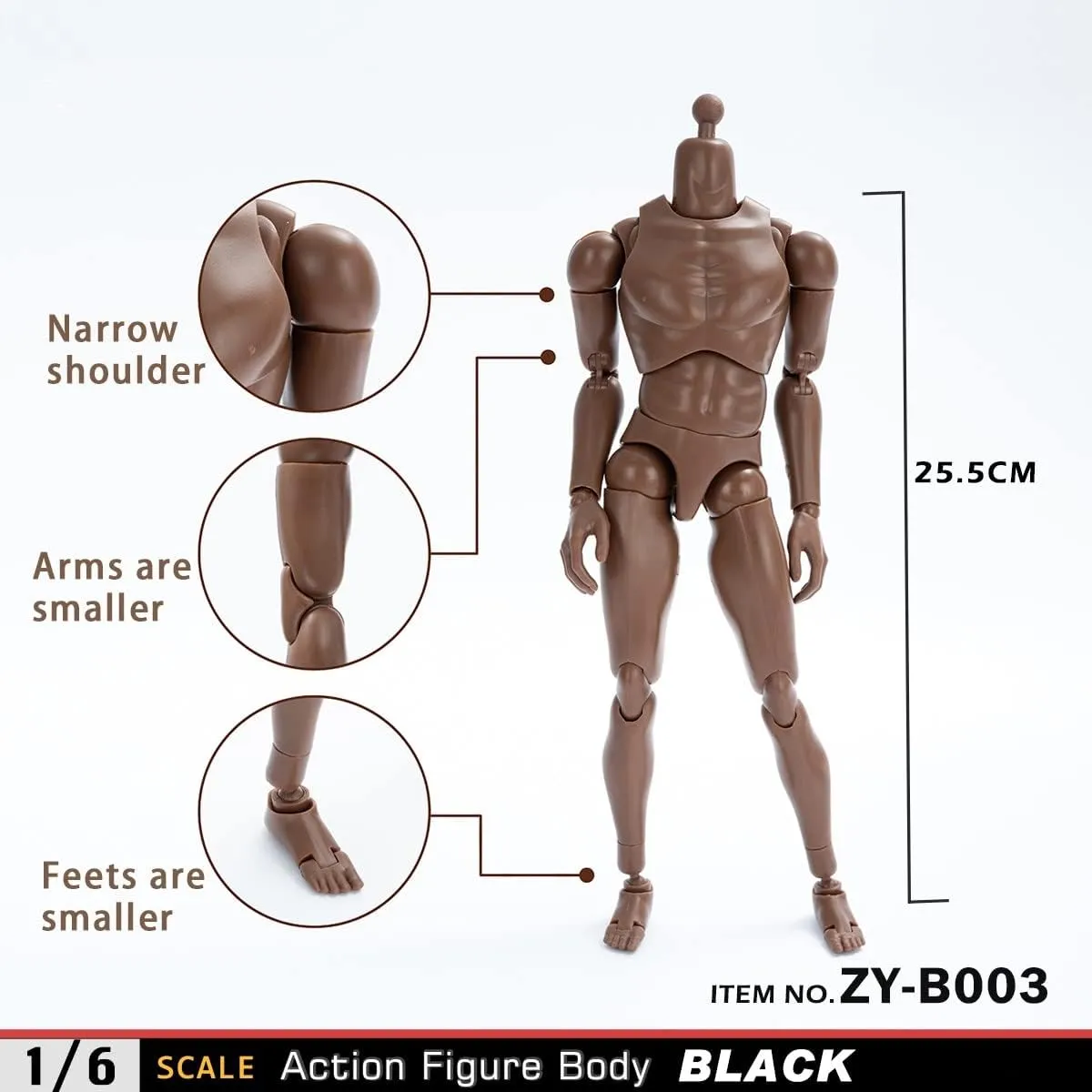1/6 Scale Male Body,12inch Male Joint Flexible Muscular Soldier Action Figure Body Collection (Black Skin-Narrow Shouldered)