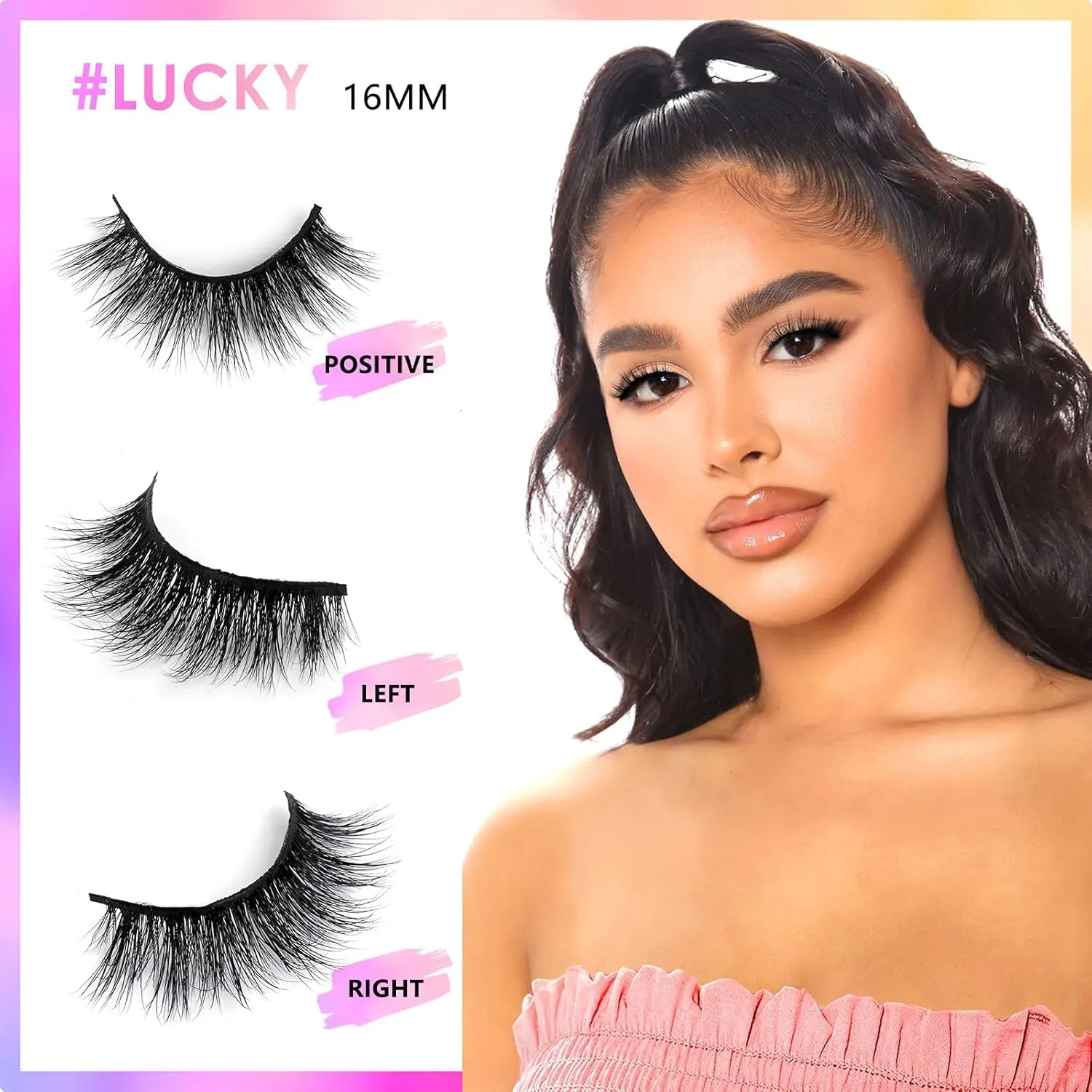16mm Natural Eyelashes, 3D Real Mink Lashes, 3 Pairs Soft Fluffy False Eyelashes, Natural Look Doll Eye Lashes, Reusable & Non-Irritating Full Volume Strip Lashes (Lucky)