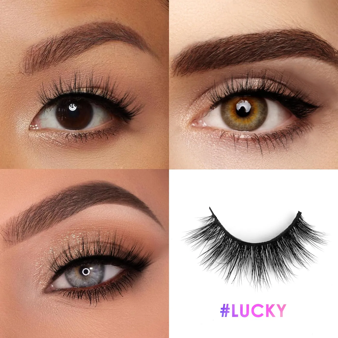 16mm Natural Eyelashes, 3D Real Mink Lashes, 3 Pairs Soft Fluffy False Eyelashes, Natural Look Doll Eye Lashes, Reusable & Non-Irritating Full Volume Strip Lashes (Lucky)