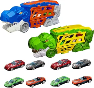 2-in-1 Dino Truck Combo Set – Blue & Green Dinosaur Car Carrier Toys with Racing Track, Push-Launcher & Portable Storage – Bonus 8 Die-Cast Cars Included