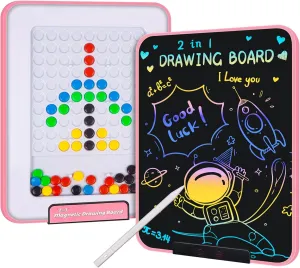2-in-1 LCD Writing Tablet and Magnetic Drawing Board,13 inch Electronic Drawing Pads and Magnetic Dot Board,Erasable Doodle Board,Educational Toys Gift for 3 4 5 6 7 8 Years Old Kids Toddler (Pink)