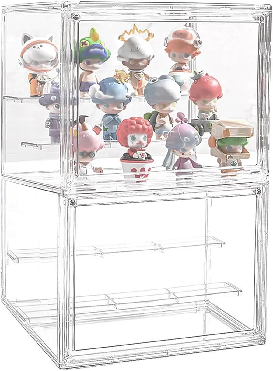 2 Packs Clear Acrylic Display Boxes,Display Storage Box with Magnetic Door, 3 Tiers Display Case with 2 Movable Plates, Stackable Showcase for Action Figures
