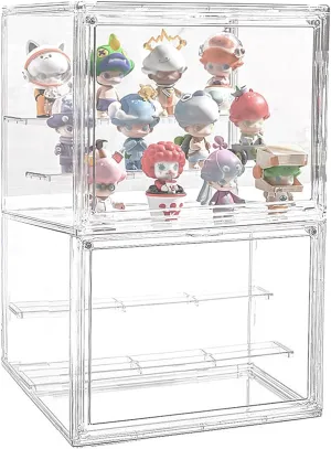 2 Packs Clear Acrylic Display Boxes,Display Storage Box with Magnetic Door, 3 Tiers Display Case with 2 Movable Plates, Stackable Showcase for Action Figures