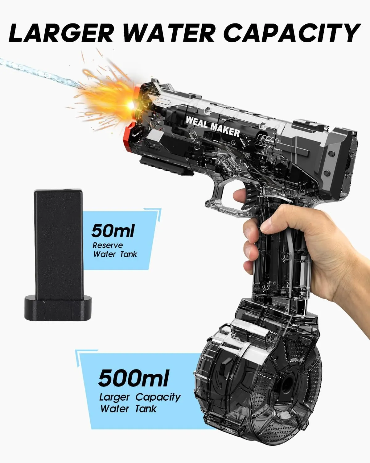 2025 Upgraded Electric Water Gun with LED Lights and Type-C Charging,Transparent Automatic Squirt Guns High Powered IP67 Waterproof,Up to 26FT Longer Range Water Pistol,for Kids and Adults (Black)