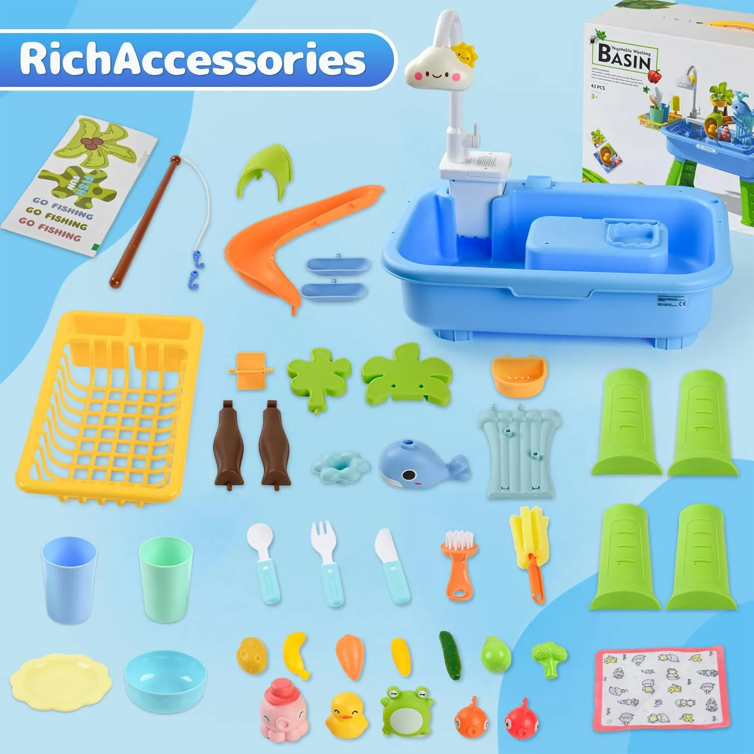 2026 Upgraded Toddler Sand Water Table Toy with Electric Water Pump, Kids Sand Water with Faucet/Play Food Accessories/Fishing Toy, Kitchen Play Sink Toys for Girl Boy Age 3  (Blue)