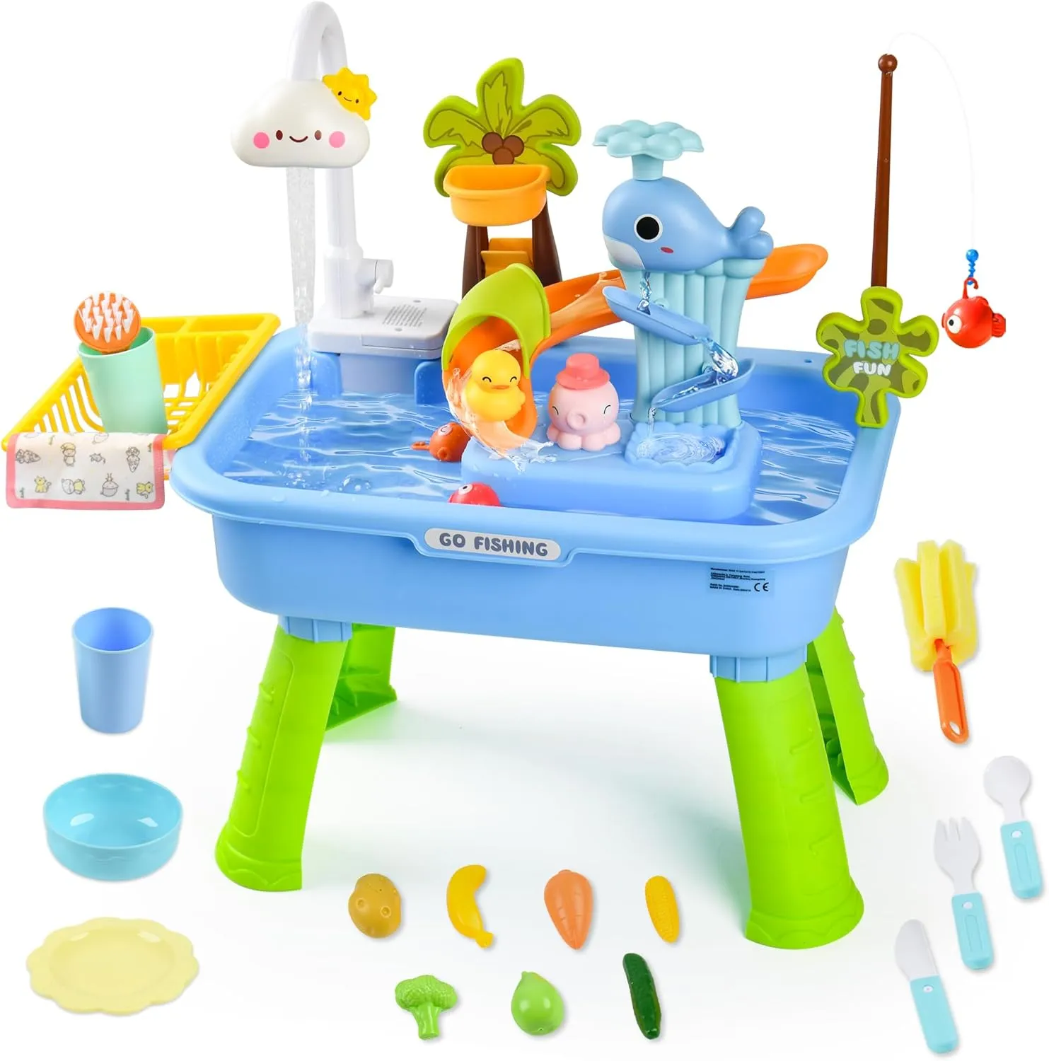 2026 Upgraded Toddler Sand Water Table Toy with Electric Water Pump, Kids Sand Water with Faucet/Play Food Accessories/Fishing Toy, Kitchen Play Sink Toys for Girl Boy Age 3  (Blue)