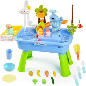 2026 Upgraded Toddler Sand Water Table Toy with Electric Water Pump, Kids Sand Water with Faucet/Play Food Accessories/Fishing Toy, Kitchen Play Sink Toys for Girl Boy Age 3  (Blue)