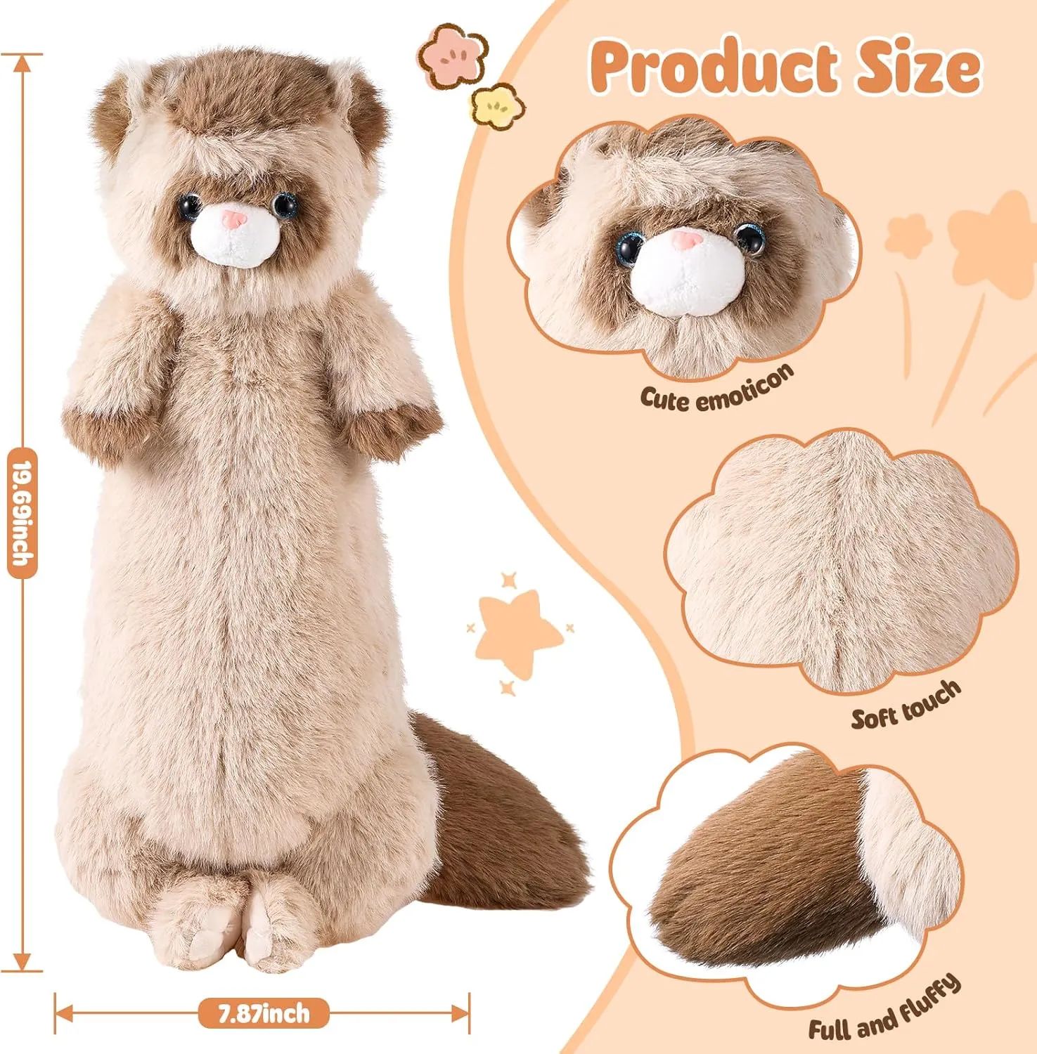20.5 Inch Ferret Plush Stuffed Animal Long Cute Ferrets Pillow Soft Doll Stuffed Cute Toys Ferrets Lover Gift Kid Birthday Holiday Party Favor(Brown, 20.5 Inch)
