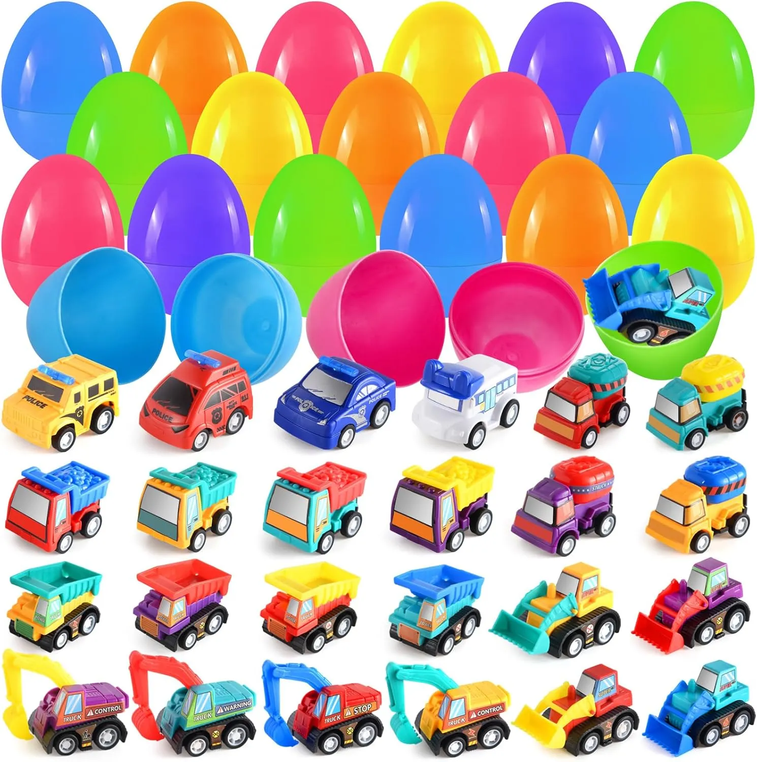 24 Pack Easter Toy Cars, Play Pull Back Construction tucks and Police Cars for Kids' Party Favors, Easter Toy Gifts for Easter Egg Hunt Party Favor Basket Stuffers, School Classroom Prize Supplies