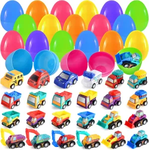 24 Pack Easter Toy Cars, Play Pull Back Construction tucks and Police Cars for Kids' Party Favors, Easter Toy Gifts for Easter Egg Hunt Party Favor Basket Stuffers, School Classroom Prize Supplies