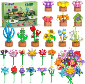 24 Pack Flowers Party Favors for Kids Building Set - 827PCS Succulents 3.6MM Mini Building Blocks Toy for Easter Basket Stuffers, Classroom Prizes, Mother's Day Birthday Gift for Girl Boy Ages 6 