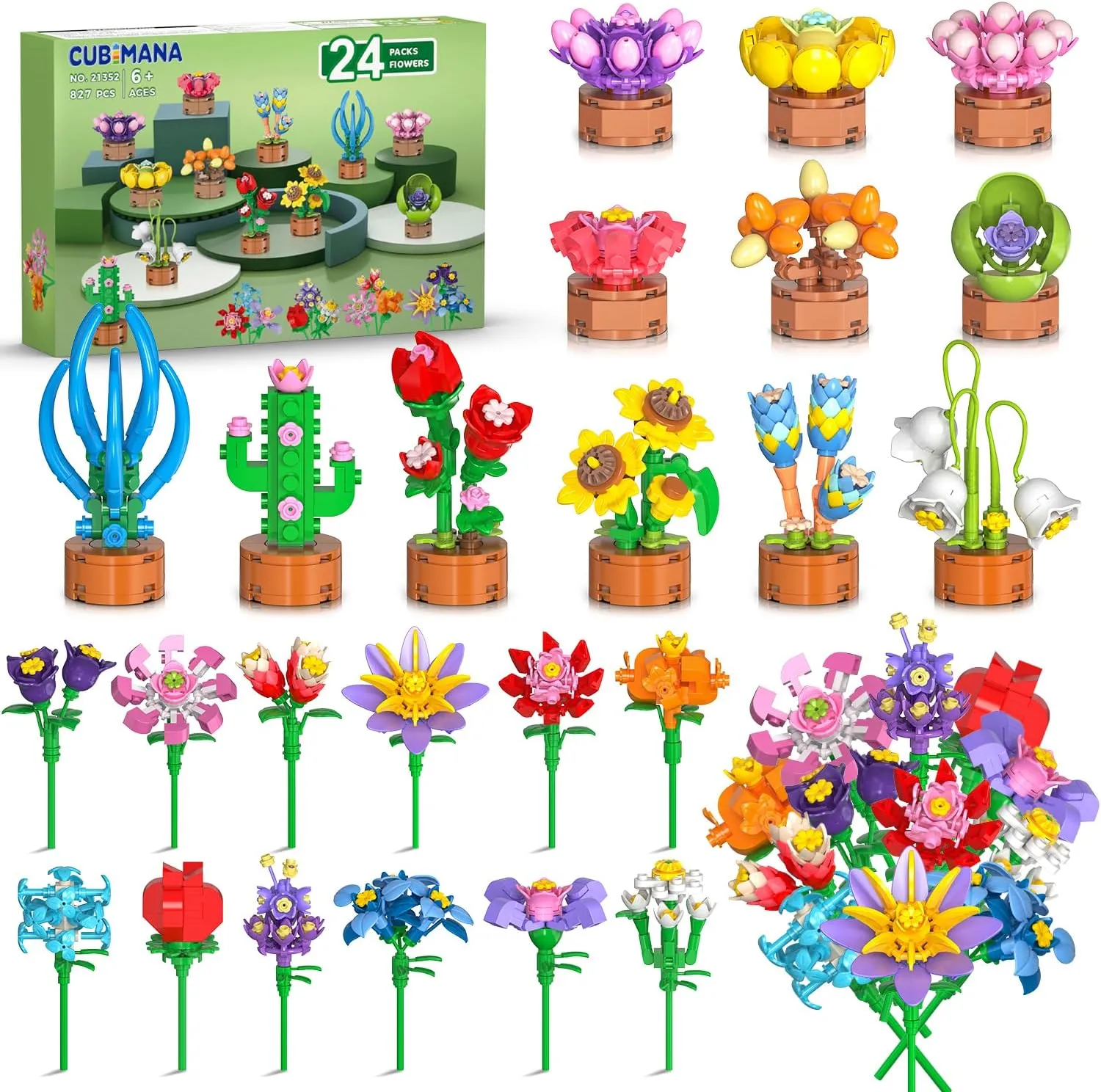 24 Pack Flowers Party Favors for Kids Building Set - 827PCS Succulents 3.6MM Mini Building Blocks Toy for Easter Basket Stuffers, Classroom Prizes, Mother's Day Birthday Gift for Girl Boy Ages 6 