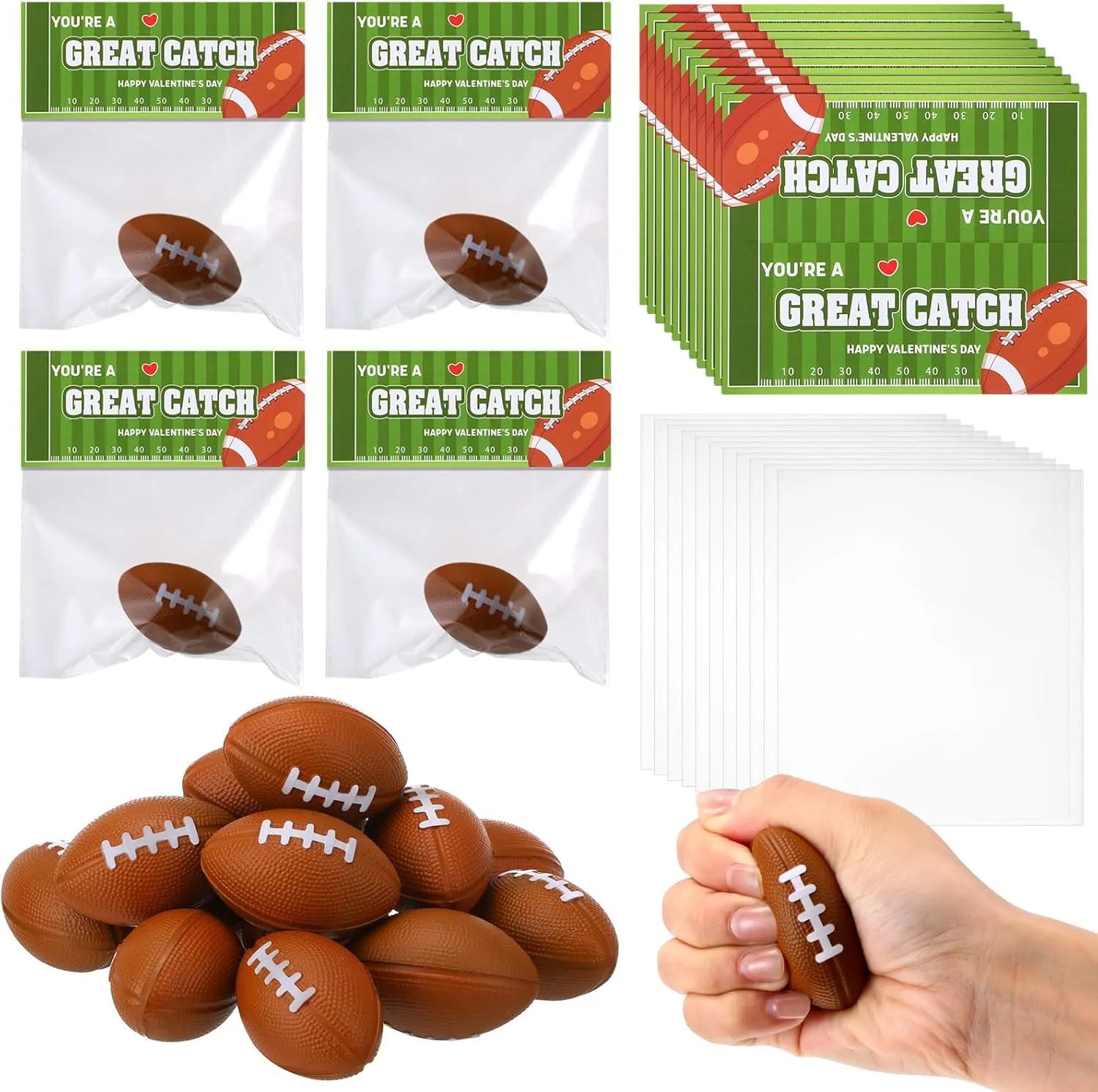 24 Pcs Football Valentines Card Headers 24 Valentine's Day Football Mini Stress Balls for Kids Classroom Exchange Gifts Party Favor Toy Gifts with 100 Mini Staples with Stapler