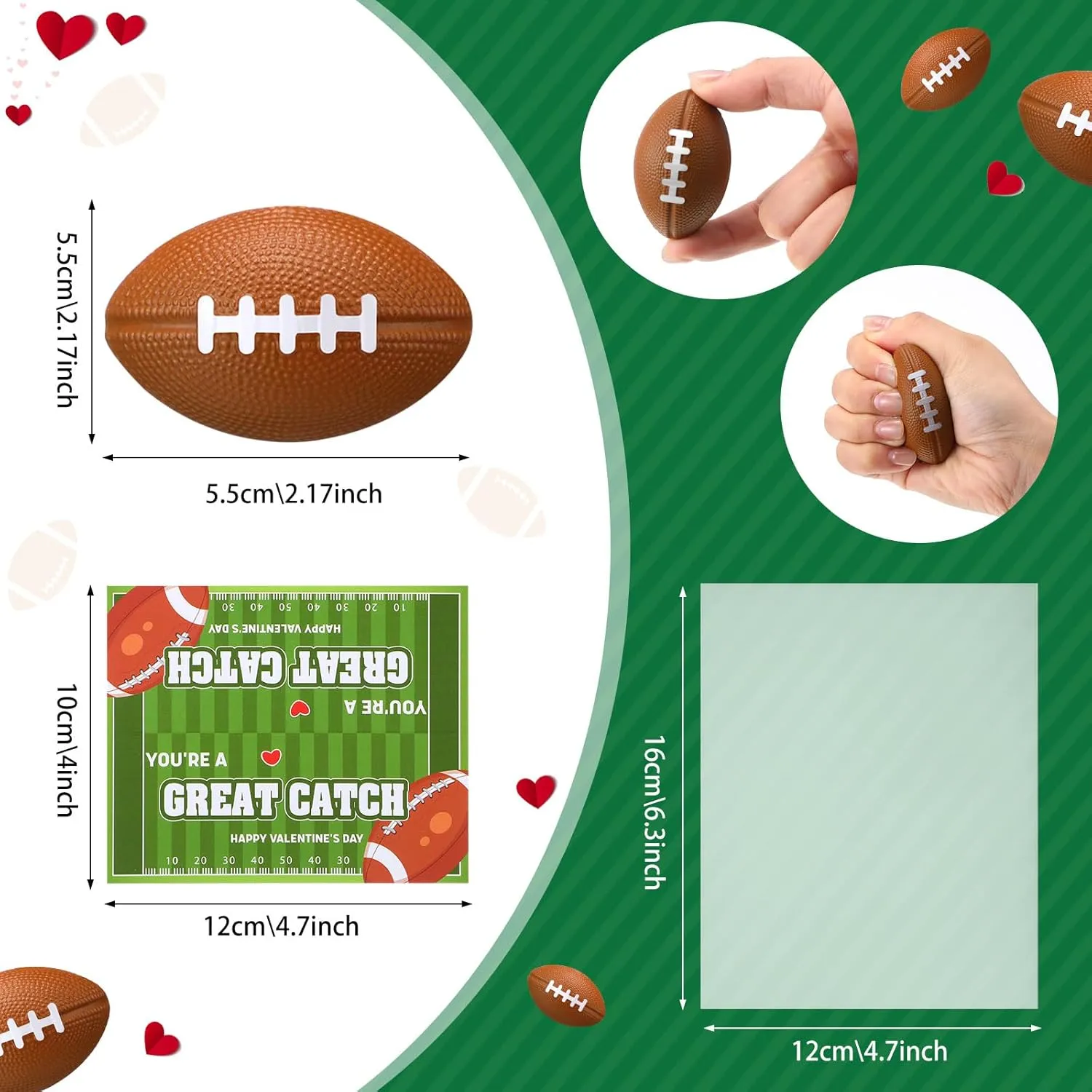 24 Pcs Football Valentines Card Headers 24 Valentine's Day Football Mini Stress Balls for Kids Classroom Exchange Gifts Party Favor Toy Gifts with 100 Mini Staples with Stapler