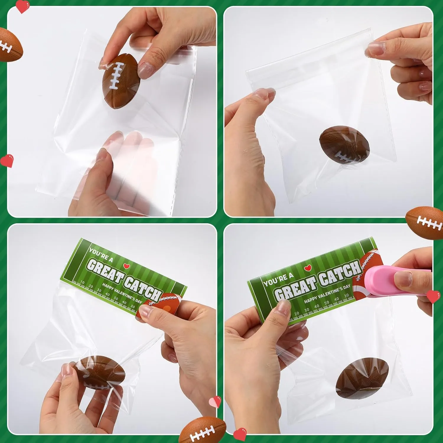 24 Pcs Football Valentines Card Headers 24 Valentine's Day Football Mini Stress Balls for Kids Classroom Exchange Gifts Party Favor Toy Gifts with 100 Mini Staples with Stapler