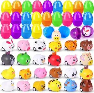 24 Set 48PCS Prefilled Easter Eggs Filled with Mini Animals Toy Cars, Plastic Easter egg Fillers for Kids Toddlers Mini Cars for Easter Eggs Hunt Party Favor Basket(Animal Car Style)
