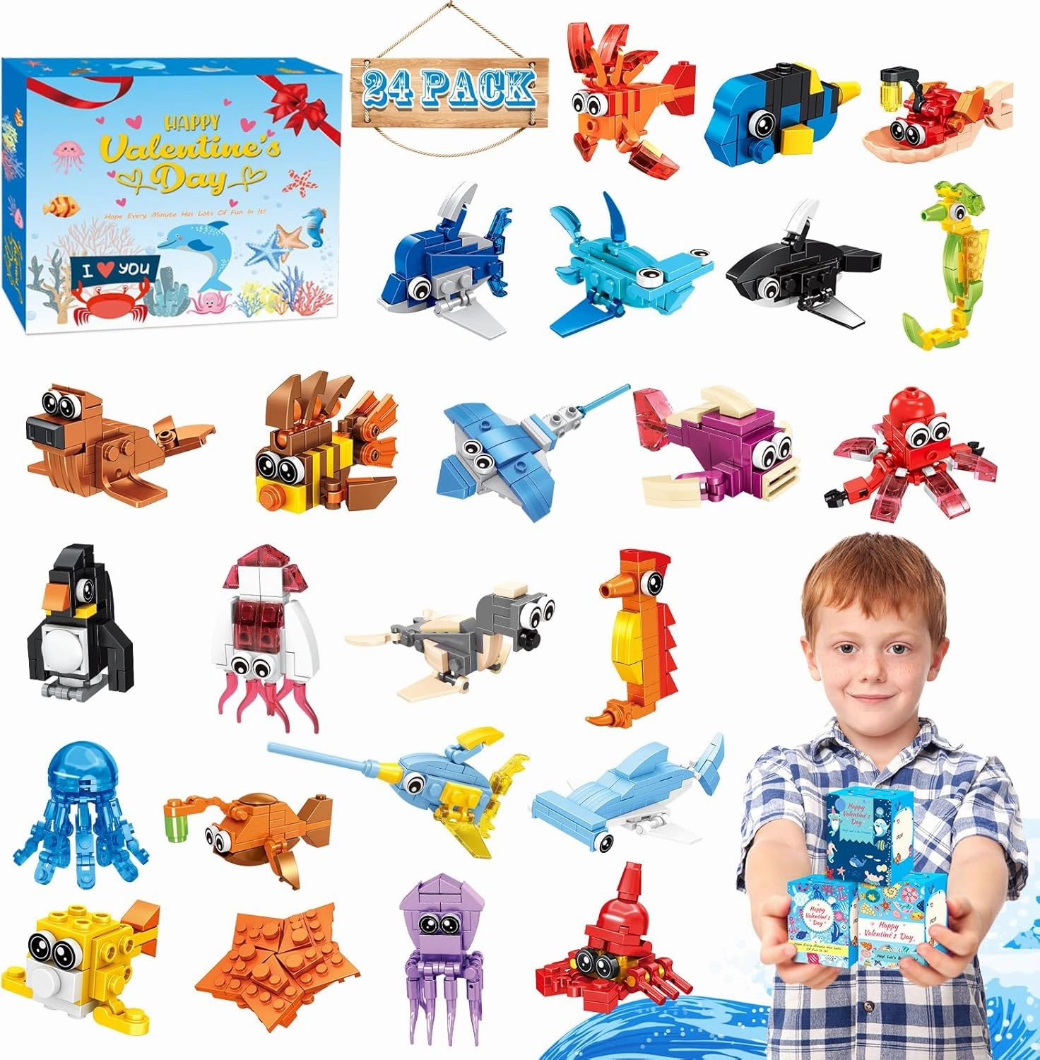 24 Pack - Valentines Day Gifts for Kids Classroom,Marine Animals Building Blocks Set Toys for Classroom Prizes School Surprise Box,Party Favors Bulk for Class Valentines Gifts Exchange