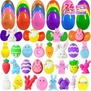24PCS Prefilled Easter Eggs with Mochi Squishy Toys for Easter Basket Suffers, Easter Squishies Stuffed Plastic Eggs, Mochis Squishy Fidget Toys for Egg Fillers, Kids, Gifts, Classroom Prizes