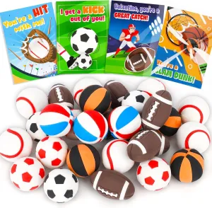 28Pack Valentines Day Cards for Kids School with mini Sports Ball Erasers Valentines Day Gifts for Kids Classroom Exchange Boys Valentines Toys Party Favor Bulk Class Prizes Goodie Bags Stuffers