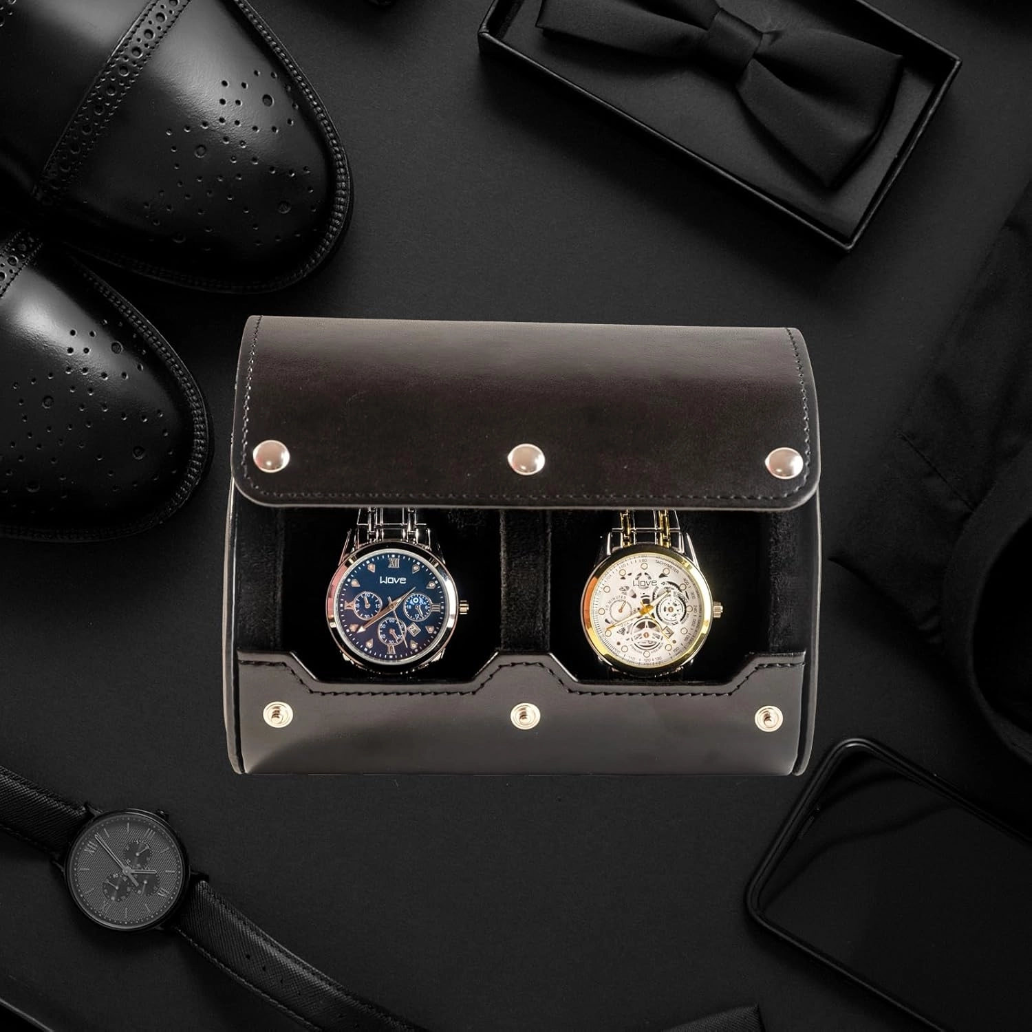 2 Watch Travel Case - Classic Leather Watch Case with Perfect Texture. Watch Carrying Case or Organizer for Storage and Display. Ideal Gift for Men Traveling, All Handmade by Artisans