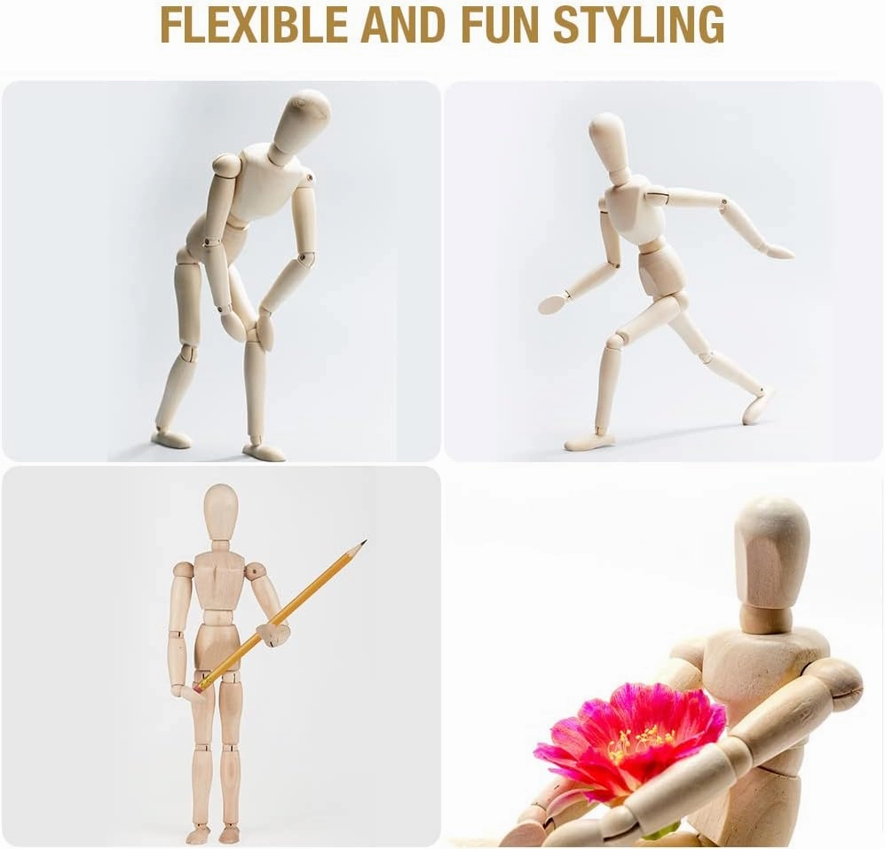 2Pcs 12'' Wood Poseable Mannequin, Artists Wooden Manikin Jointed Mannequin Art Figure Drawing Model Articulated Wood Human Model with Base Flexible Body Home Decoration Drawing Human Figure (12)