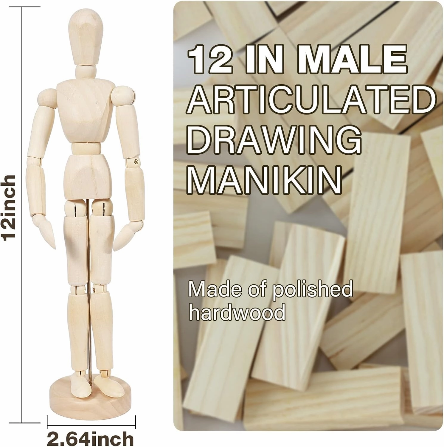 2Pcs 12'' Wood Poseable Mannequin, Artists Wooden Manikin Jointed Mannequin Art Figure Drawing Model Articulated Wood Human Model with Base Flexible Body Home Decoration Drawing Human Figure (12)