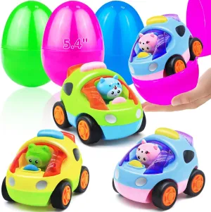 3 Pack 5.4" Jumbo Easter Eggs Filled with 3 Inertia Car Toys for Toddler Kids, Easter Basket Essential for Girls Boys Basket Stuffers Fillers Gifts Eggs Hunt Party Favor School Classroom Reward