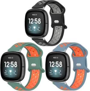 3 Packs Bands Compatible for Fitbit Sense/Fitbit Versa 3,Soft Waterproof and Durable Silicone Sport Strap Adjustable Replacement Wristbands for Women Men(Black/Grey Green/Orange Blue/Orange)