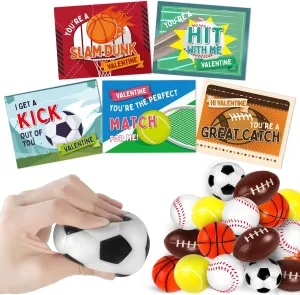 30 Pack Valentien's Day Cards for Kids with Mini Sports Balls for School Classroom, Valentine's Gifts Exchange, Squeeze Foam Balls for Party Favors, Valentine's Prizes