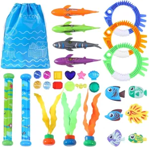 30 Packs Summer Pool Diving Swimming Essentials Toys for Kids, Fun Swim Games Sinking Set, Underwater Dive Gifts with Storage Bag Include Torpedo Gems Shark Rings Sea Animals for Boys Girls Toddlers