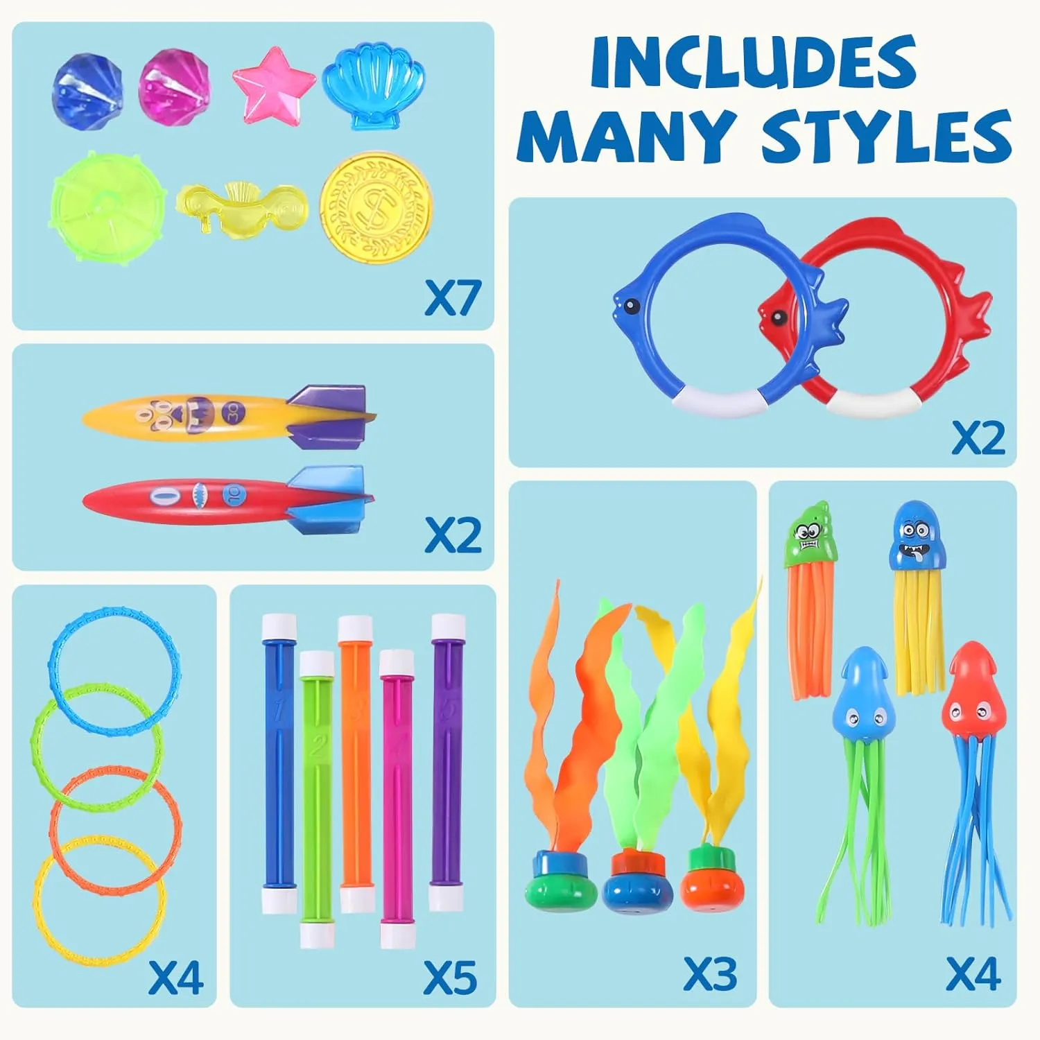 32 Packs Summer Pool Diving Swimming Essentials Water Toys for Kids, Fun Swim Games Sinking Set, Underwater Dive Easter Day Gifts with Storage Bag Include Torpedo Gems Shark Rings Sea Animals