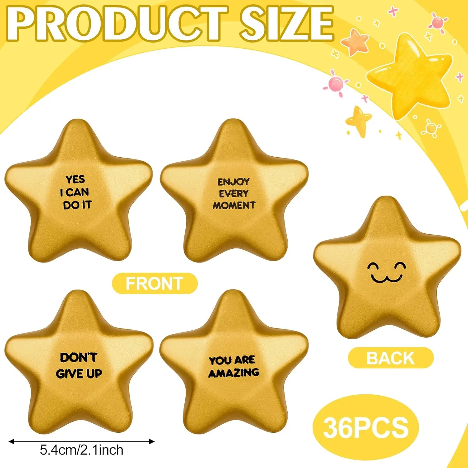 36 Pieces 2.1inch Star Stress Balls Mini Smile Face Stress Balls, Gold Motivational Stress Balls Mini Foam Ball Relief Squeeze Balls Star Stress Toys Goody Bag Fillers Stuffers for Adults Student